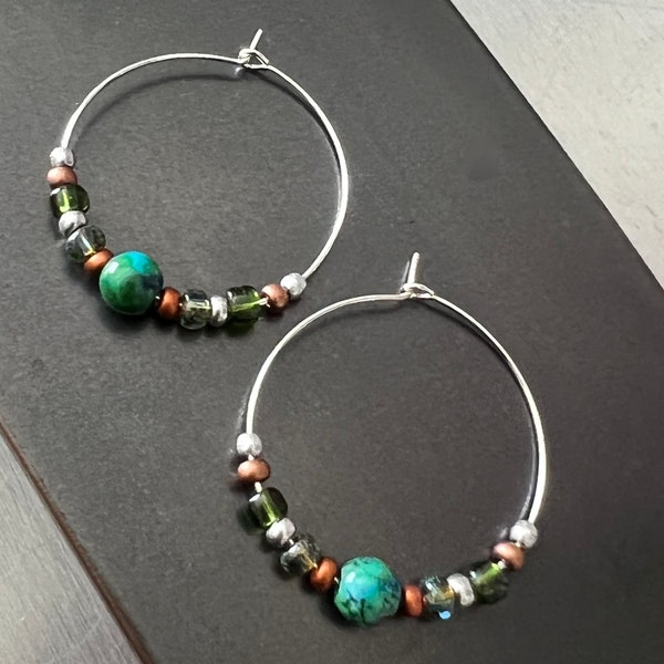 Beautiful Boho Southwest Silver Plated Hoop Glass Bead Earrings