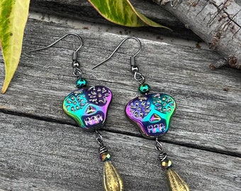 Iridescent Skull Czech Glass Halloween Dangle Earrings