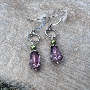 Czech Glass & Antique Silver Tulip Floral Earrings image 3