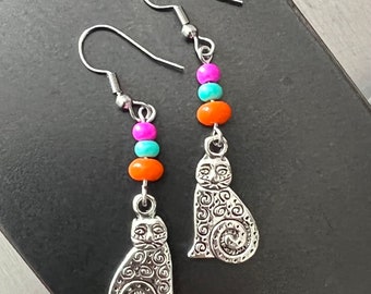 Whimsical Kitty Cat Neon Glass Bead Dangle Drop Earrings