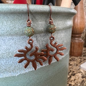 Antique Copper Sun Czech Glass Dangle Earrings image 2