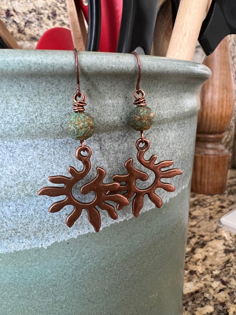 Antique Copper Sun Czech Glass Dangle Earrings image 2