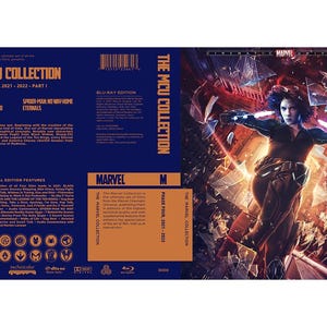 May include: Blu-ray disc case for "The MCU Collection Phase Four 2021-2023 - Part 1". The cover features Black Widow in a dynamic pose against a shattered glass and fiery background. The case has a blue and orange color scheme with the Marvel logo.