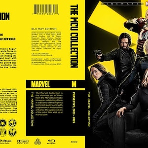 May include: The MCU Collection Phase Five Blu-ray edition. The cover features a group of Marvel characters in a dynamic pose against a yellow background. The left side has text about the collection and the Marvel logo.
