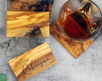 Personalized Coasters, Epoxy Resin Coaster Set, Olive Wood and Resin Coasters, Custom Engraved Gift, Fathers Day, Wedding Gift, Housewarming