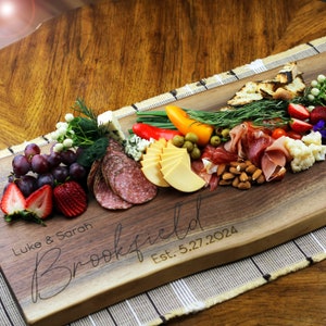 Personalized XL Charcuterie Board, Rustic Wooden Grazing Table Tray, Wedding Gift, Custom Cheese Board, Live Edge Walnut