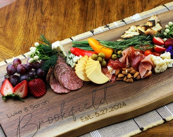 Personalized XL Charcuterie Board, Rustic Wooden Grazing Table Tray, Wedding Gift, Custom Cheese Board, Live Edge Walnut