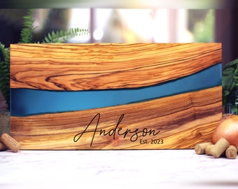 Personalized Olive Wood Charcuterie Board, Turquoise Epoxy, Custom Gifts for the Couple, Large Live Edge Rustic Serving Board, 18x9