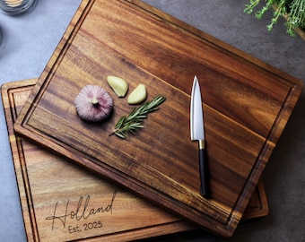 Large Hardwood Cutting Board with Juice Groove | Acacia Butcher Block  | Personalized Charcuterie Board | Wedding Gift | Monogrammed