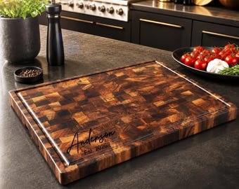 Large Walnut End Grain Cutting Board | Butcher Block with Juice Groove | Personalized Chopping Block