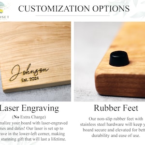 May include: Wooden cutting board with laser-engraved text reading "Johnson Est. 2024." The board has a light wood grain and is shown with a close-up of a black rubber foot. The image also includes the text "Customization Options."