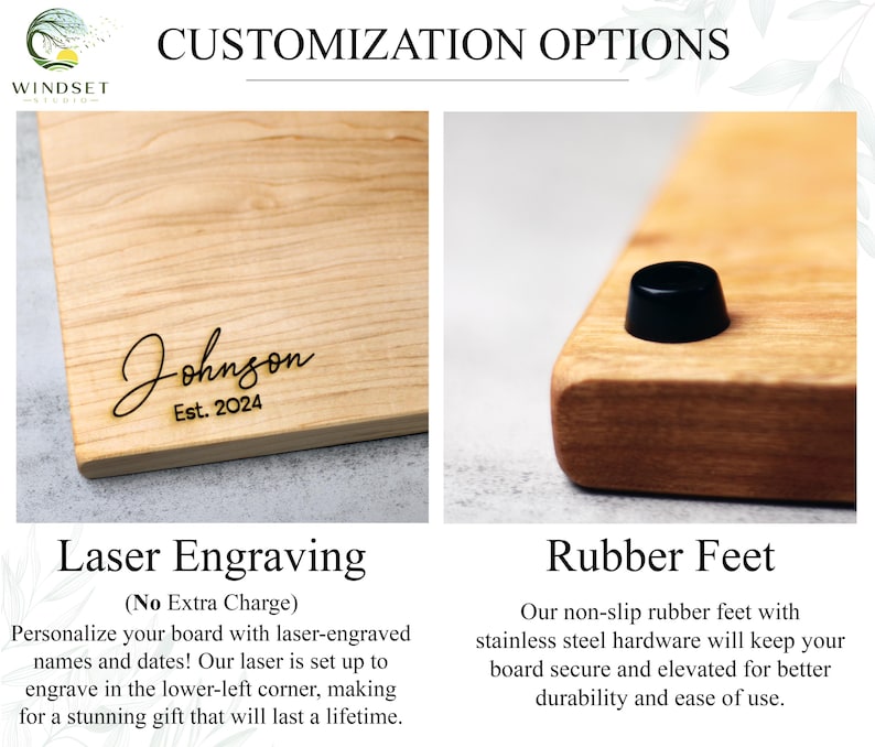 May include: Wooden cutting board with laser-engraved text reading "Johnson Est. 2024." The board has a light wood grain and is shown with a close-up of a black rubber foot. The image also includes the text "Customization Options."