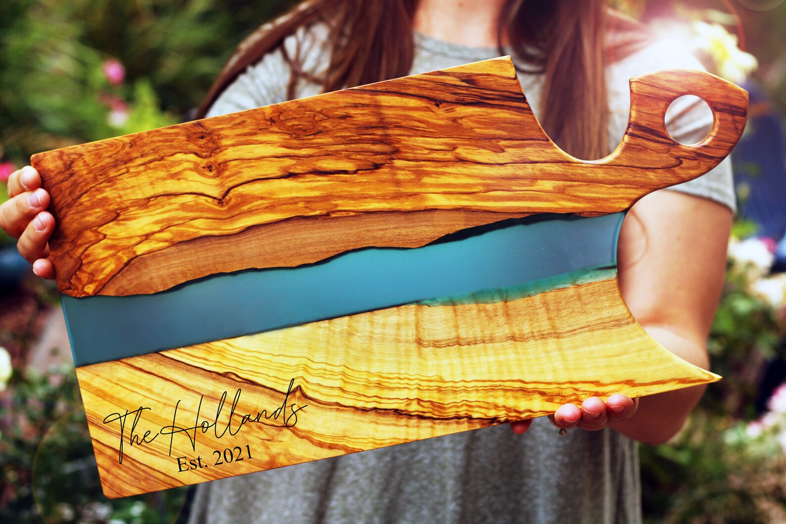 Italian Olive Wood Charcuterie Board With Handle Turquoise Etsy