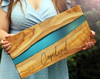 Personalized Olive Wood Charcuterie Board, Turquoise Epoxy, Custom Gifts for the Couple, Large Live Edge Rustic Serving Board, 18x9