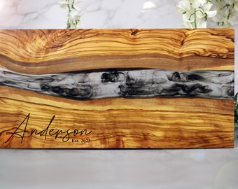 Olive Wood Charcuterie Board, Resin River Epoxy Serving Tray, Large Live Edge Personalized Charcuterie Board, Fathers Day Gift, Wedding gift