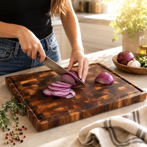 May include: A rectangular end-grain wooden cutting board with a dark brown checkered pattern and a grooved perimeter edge. The board is positioned on a countertop, featuring a sharp metal knife slicing through a fresh purple red onion.