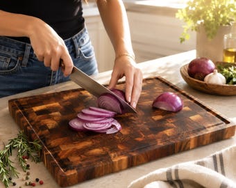 Large End Grain Cutting Board | Personalized Walnut Butcher Block | Thick Chopping Block with Juice Groove