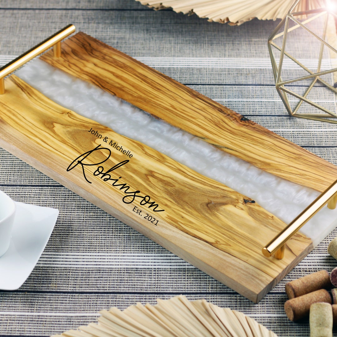 Olive Wood Charcuterie Board, Pearl White Resin River Epoxy Serving