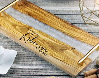 Olive Wood Charcuterie Board, Pearl White Resin River Epoxy Serving Tray, Large Live Edge Personalized Charcuterie Board With Handles, Gift