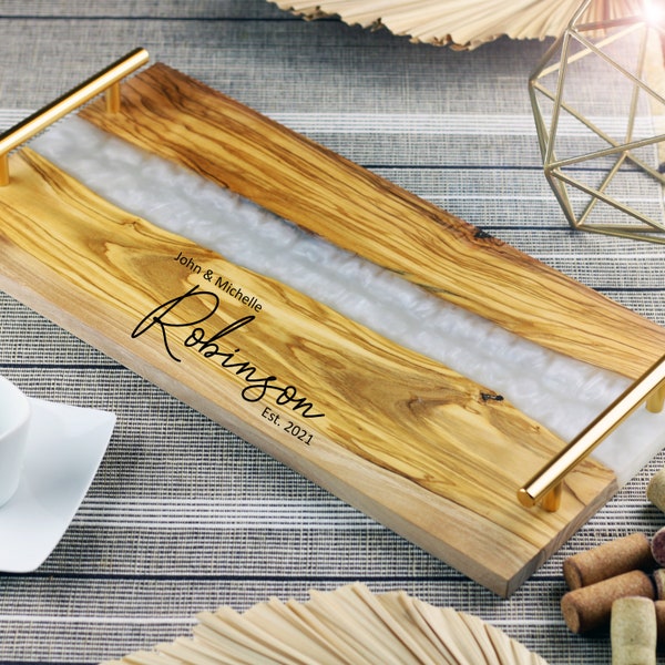 Olive Wood Charcuterie Board, Pearl White Resin River Epoxy Serving Tray, Large Live Edge Personalized Charcuterie Board With Handles, Gift