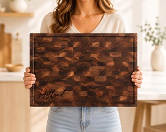 Personalized End Grain Cutting Board | Large Walnut Butcher Block | Thick Chopping Block with Juice Groove
