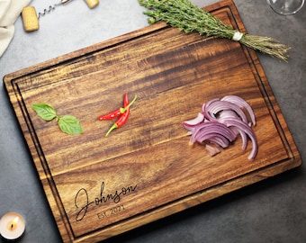Large Hardwood Cutting Board with Juice Groove | Personalized Charcuterie Board | Acacia Butcher Block Gift for Kitchen