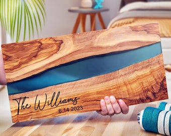 Olive Wood Cheese Board with Blue Resin, Custom Engraved Charcuterie Board, Personalized Wedding Gift