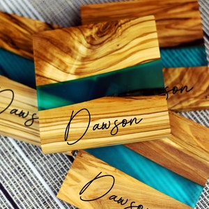Italian Olive Wood Coasters, Set of 4, Turquoise Resin River Epoxy Coaster Set, Personalized Coasters, Custom Engraved Gift, Wedding image 5