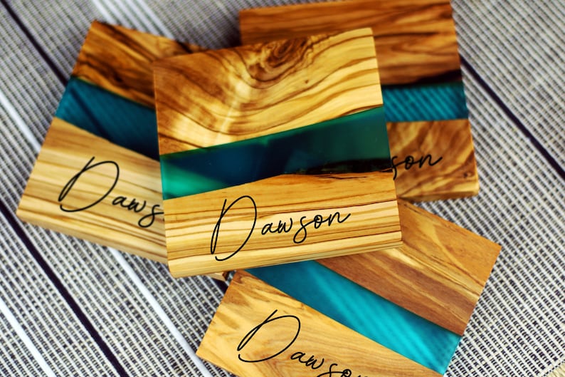 Italian Olive Wood Coasters, Set of 4, Turquoise Resin River Epoxy Coaster Set, Personalized Coasters, Custom Engraved Gift, Wedding image 5