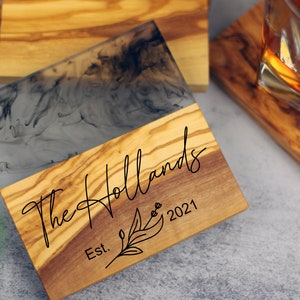 Personalized Coasters, Epoxy Resin Coaster Set, Olive Wood and Resin Coasters, Custom Engraved Gift, Fathers Day, Wedding Gift, Housewarming image 5