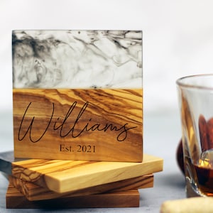 Personalized Coasters, Epoxy Resin Coaster Set, Olive Wood and Resin Coasters, Custom Engraved Gift, Fathers Day, Wedding Gift, Housewarming image 2