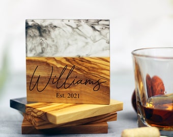 Personalized Coasters, Epoxy Resin Coaster Set, Olive Wood and Resin Coasters, Custom Engraved Gift, Fathers Day, Wedding Gift, Housewarming