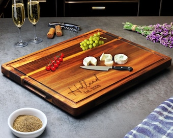 Hardwood Acacia Butcher Block Cutting Board | Large Personalized Charcuterie Board with Juice Groove | Wedding Gift
