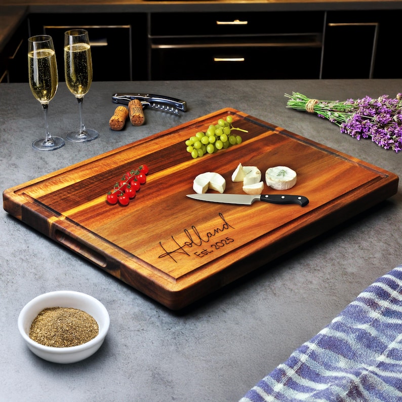 Large Hardwood Cutting Board with Juice Groove | Personalized Charcuterie Board | Acacia Butcher Block Gift for Kitchen