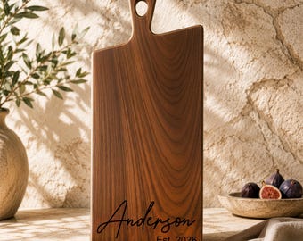 Personalized Charcuterie Board, Walnut Acacia Cutting Board with Handle, Engraved Gift for Couple
