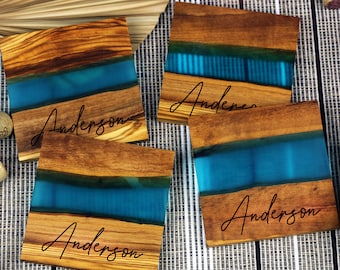 Personalized Olive Wood Coasters, Set of 4, Turquoise Resin River Epoxy Coaster Set, Custom Coasters, Engraved Gift, Wedding, New Home