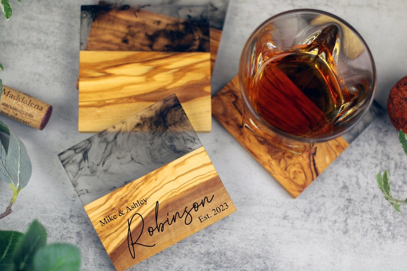 Personalized Coasters, Epoxy Resin Coaster Set, Olive Wood and Resin Coasters, Custom Engraved Gift, Fathers Day, Wedding Gift, Housewarming image 1