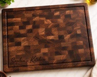 Personalized Walnut End Grain Cutting Board | Large Butcher Block with Juice Groove