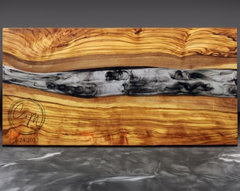 Custom Olive Wood Serving Tray with Resin Swirls, Personalized Charcuterie Board, Wedding Gift