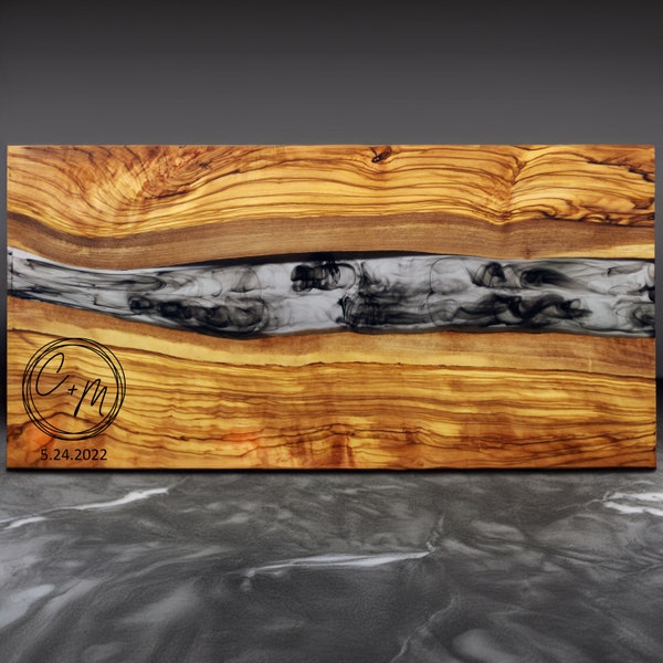 Custom Olive Wood Serving Tray with Resin Swirls, Personalized Charcuterie Board, Wedding Gift