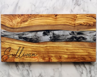 Olive Wood Charcuterie Board, Resin River Epoxy Serving Tray, Large Live Edge Personalized Charcuterie Board, Fathers Day Gift, Wedding gift