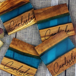 Italian Olive Wood Coasters, Set of 4, Turquoise Resin River Epoxy Coaster Set, Personalized Coasters, Custom Engraved Gift, Wedding image 4