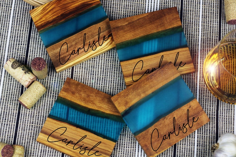 Italian Olive Wood Coasters, Set of 4, Turquoise Resin River Epoxy Coaster Set, Personalized Coasters, Custom Engraved Gift, Wedding image 4