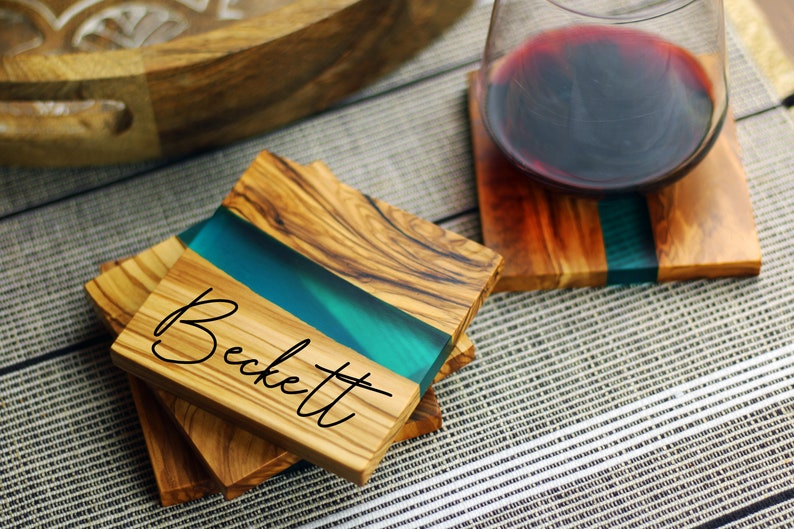 Italian Olive Wood Coasters, Set of 4, Turquoise Resin River Epoxy Coaster Set, Personalized Coasters, Custom Engraved Gift, Wedding image 7