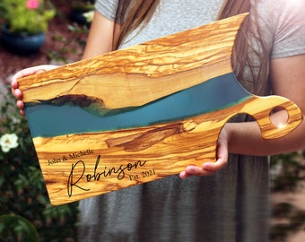 Italian Olive Wood Charcuterie Board With Handle, Turquoise Resin River Epoxy Serving Tray, Large Live Edge Personalized Charcuterie Board