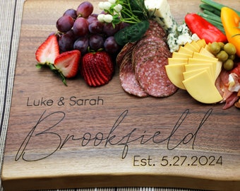 Custom Engraved Wedding Charcuterie Board, Cheese Board for Kitchen, Engagement Gift, Live Edge Walnut Wood, Last Name Gift