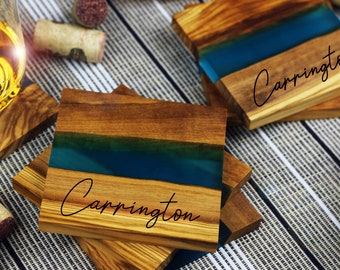 Personalized Olive Wood Coasters, Set of 4, Turquoise Resin River Epoxy Coaster Set, Custom Coasters, Engraved Gift, Wedding, New Home