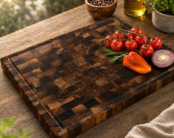 Personalized Walnut End Grain Cutting Board | Large Butcher Block with Juice Groove