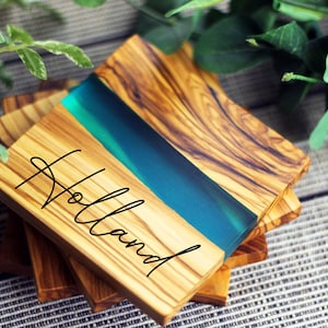 Italian Olive Wood Coasters, Set of 4, Turquoise Resin River Epoxy Coaster Set, Personalized Coasters, Custom Engraved Gift, Wedding image 1