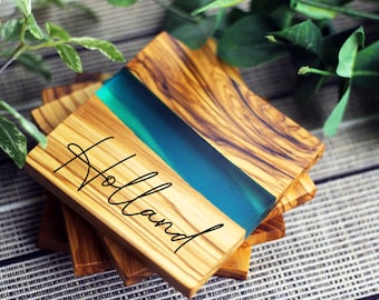 Italian Olive Wood Coasters, Set of 4, Turquoise Resin River Epoxy Coaster Set, Personalized Coasters, Custom Engraved Gift, Wedding